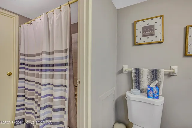 a bathroom with a toilet and a shower curtain