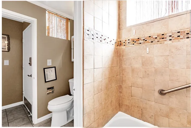 a bathroom with a shower and a toilet