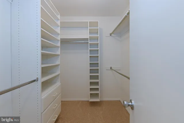 a view of walk in closet with empty racks