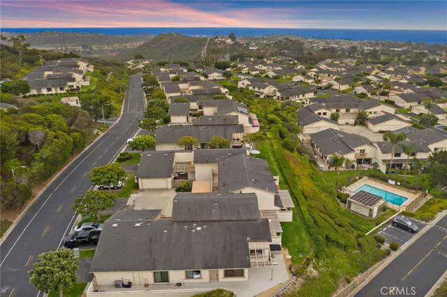 an aerial view of residential houses with city view