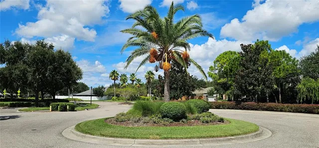 a view of a lake with a big yard and large trees
