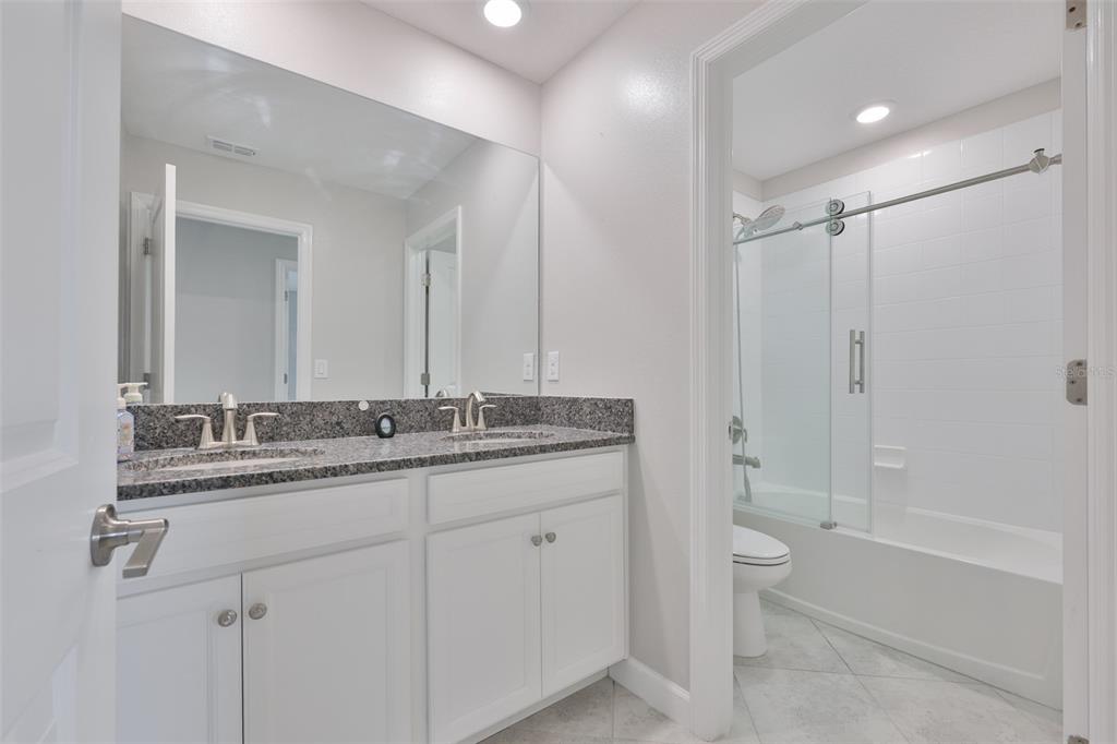 11454 Freshwater Ridge Drive Riverview, FL 33569 - Photo 44 of 65 a bathroom with a granite countertop sink a toilet and shower