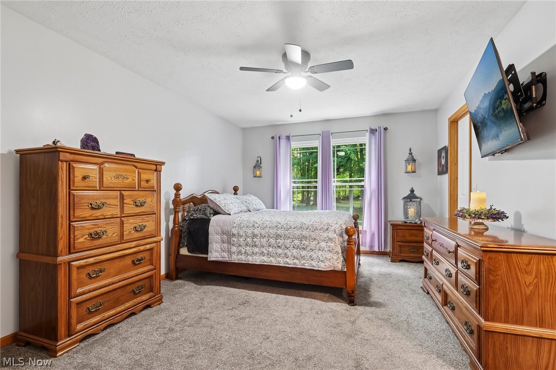 3213 Bates Road Madison, OH 44057 - Photo 19 of 45 Bedroom featuring light gray walls, gray carpet, and a ceiling fan with integrated lighting