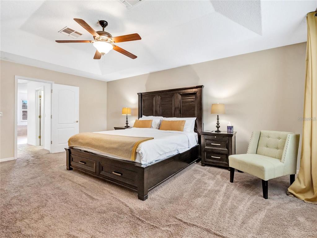 10023 Ians Ridge Road Orlando, FL 32832 - Photo 28 of 60 a spacious bedroom with a bed a couch and a chandelier