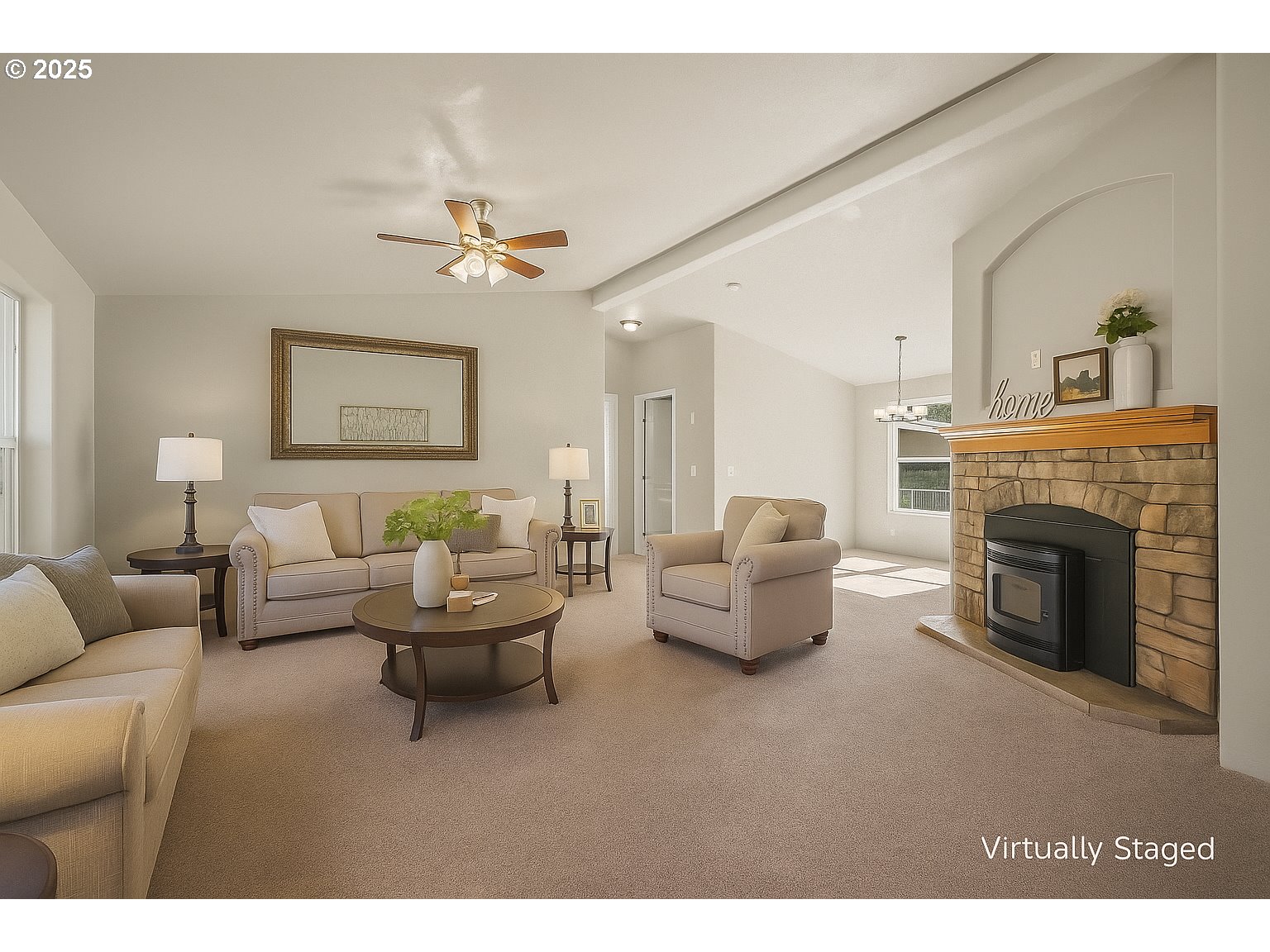 344 Southwest Ivy Street Mill City, OR 97360 - Photo 3 of 38 a living room with furniture a fireplace and a ceiling fan