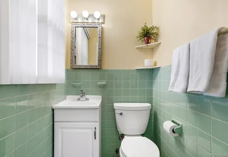 a bathroom with a toilet sink and mirror