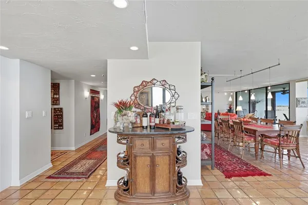 a view of a dining room with furniture