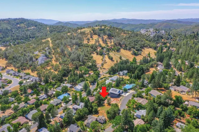 an aerial view of residential houses with outdoor space and trees