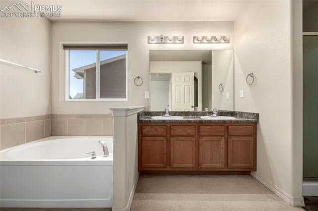 a bathroom with a tub a sink and a mirror