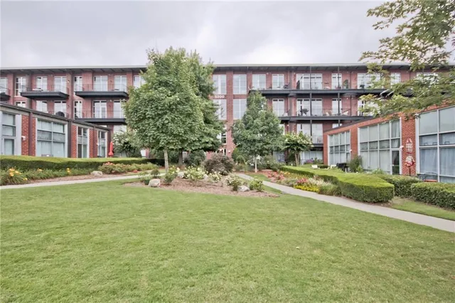 a garden view with a seating space