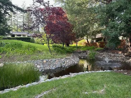a view of a lake with a building in the background