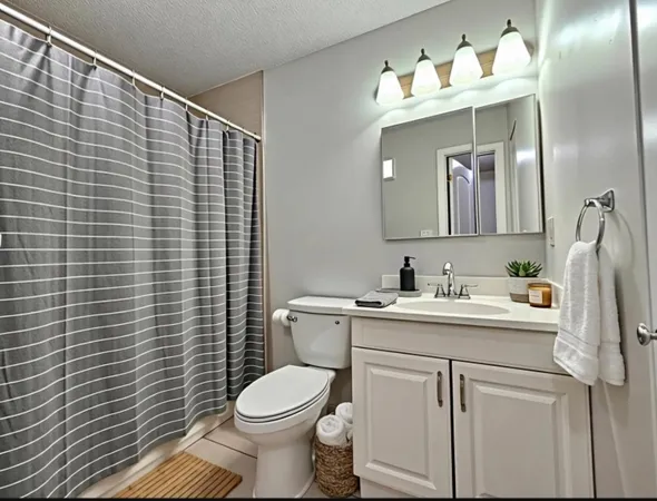 a bathroom with a toilet sink vanity and mirror