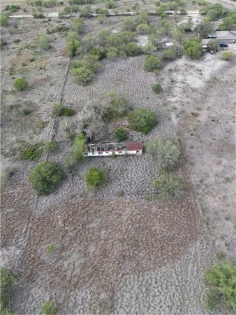 a view of a dry yard with green space