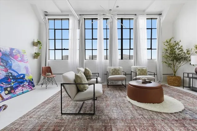 a living room with furniture and a potted plant