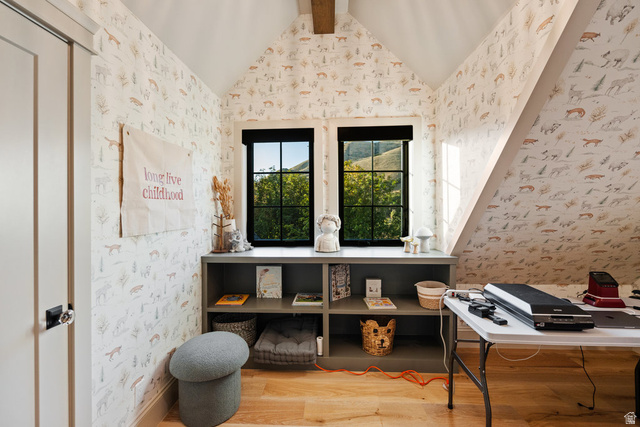 1141 South Oak Leaf Lane Springville, UT 84663 - Photo 79 of 147 Windowed alcove featuring dual pane windows with black trim, a built-in shelving unit, and patterned wall covering