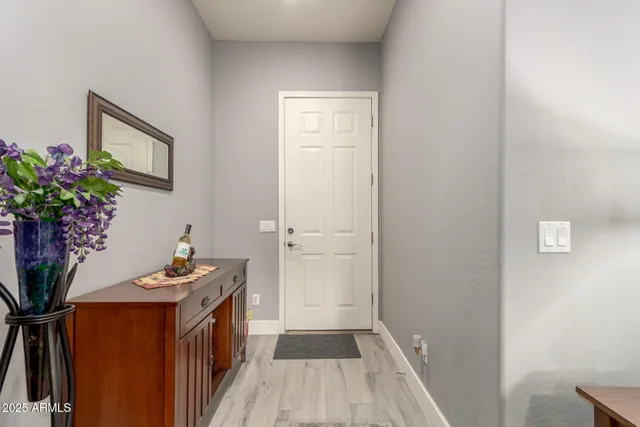a hallway with front door wooden floor and a potted plant