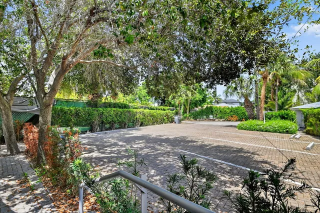a view of a street with a yard and large trees