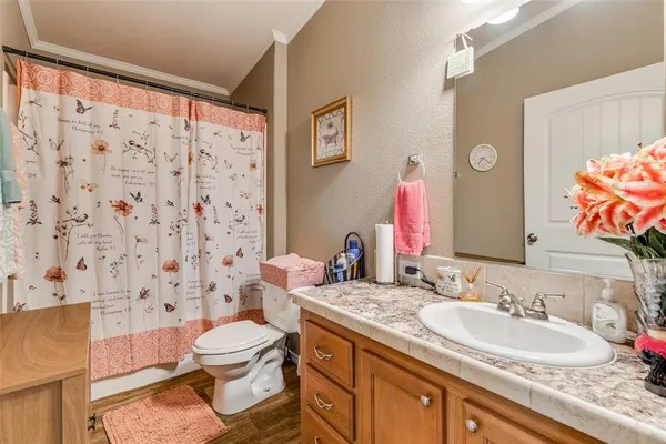a bathroom with a granite countertop toilet sink and a mirror