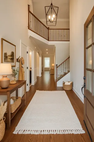 a view of staircase with lots of frames and a wooden floor