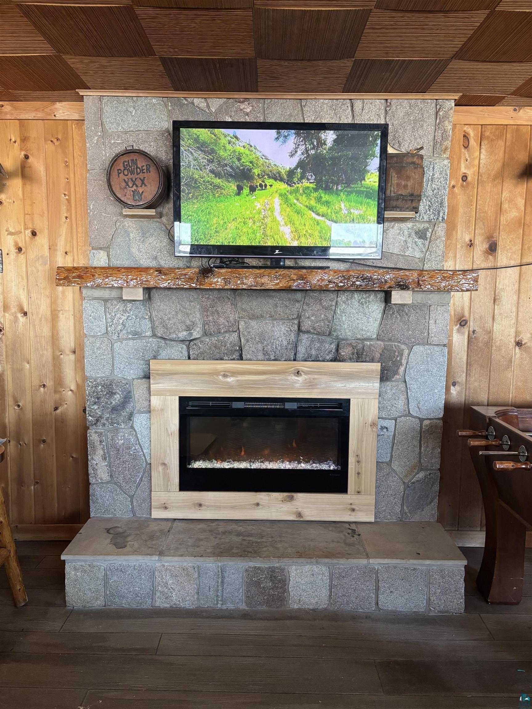 444 Fernberg Road, Unit 11 Ely, MN 55731 - Photo 16 of 19 Stone-clad fireplace with a natural wood mantel and an electric insert, set against wood-finish flooring and paneled walls