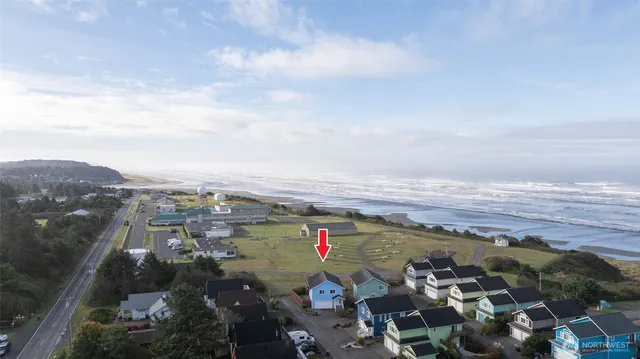 an aerial view of a red and white buildings