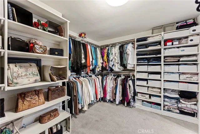 a view of walk in closet with clothes and shoes