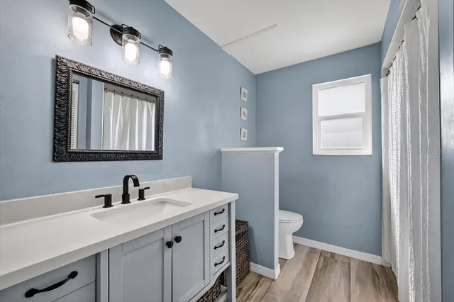 a bathroom with a sink a toilet and a mirror