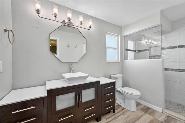 a bathroom with a sink a toilet a mirror and shower