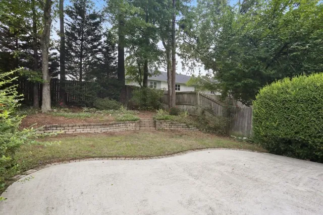 a view of a yard with plants and trees