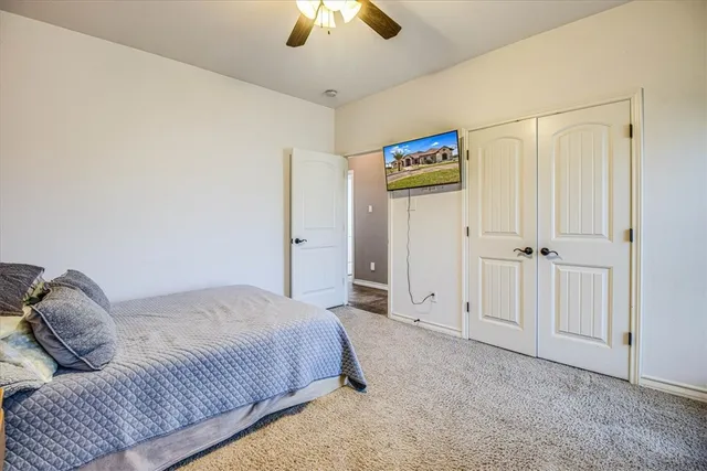 a bedroom with a bed and a chandelier fan