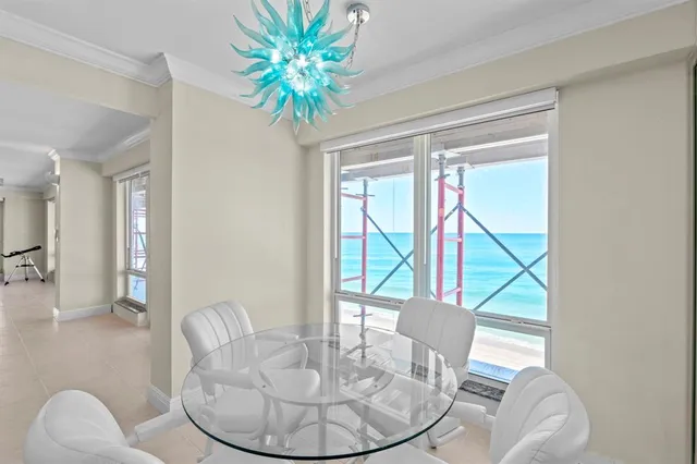 a dining room with furniture a rug and a potted plant