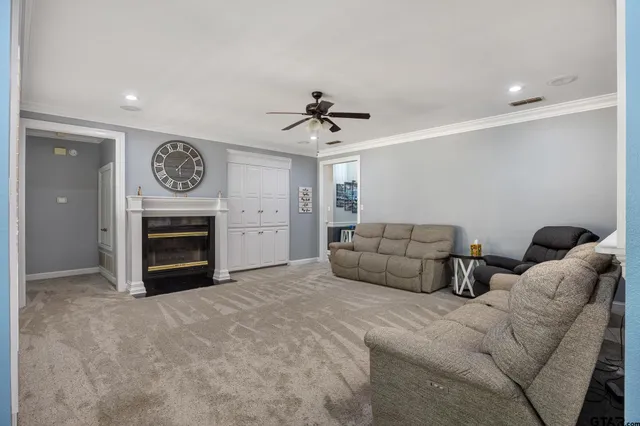 a living room with furniture a fireplace and a ceiling fan