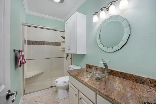 a bathroom with a granite countertop toilet sink and mirror