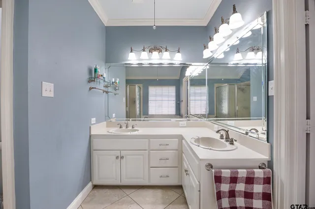 a bathroom with a sink vanity and a mirror