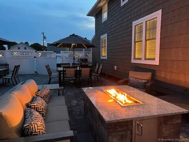 an outdoor space with furniture