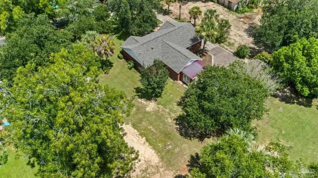 an aerial view of a house with a yard and potted plants