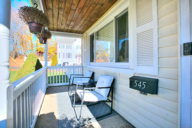 a balcony with furniture and a potted plant