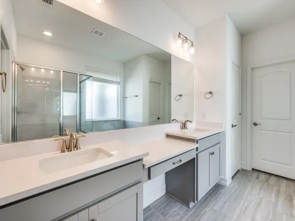a bathroom with a sink double vanity and a mirror