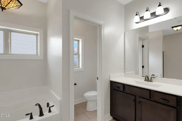 a bathroom with a double vanity sink a toilet and a tub