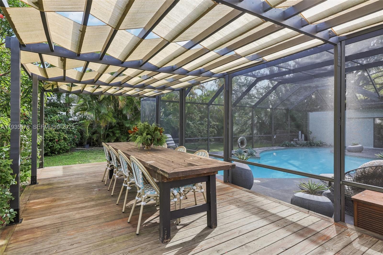8375 Southwest 185th Terrace Cutler Bay, FL 33157 - Photo 28 of 35 a view of a patio with table and chairs and wooden floor