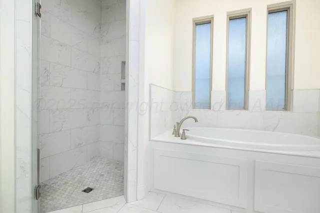 a bathroom with a bathtub and a shower