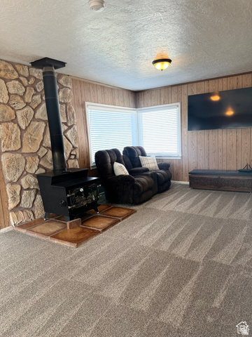 4375 West 4500 S Road Deseret, UT 84624 - Photo 4 of 20 Living area featuring a stone accent wall with a built-in wood-burning stove on a tile hearth
