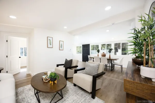 a living room with furniture and a potted plant