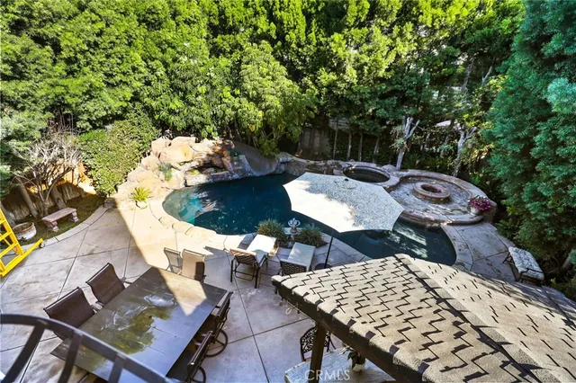 an outdoor space with furniture