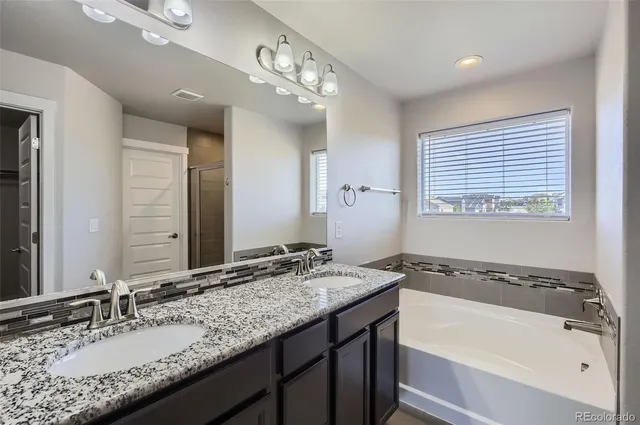 a bathroom with a granite countertop bathtub a sink and a large mirror