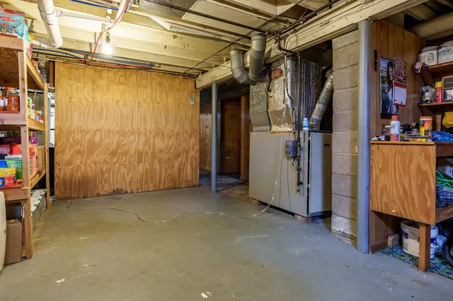a view of a room with shelves