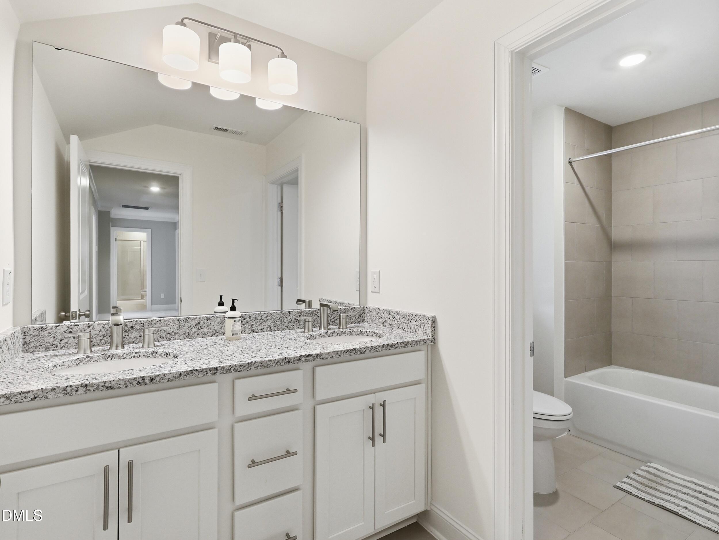 2709 Womble Ridge Drive New Hill, NC 27562 - Photo 43 of 60 a bathroom with a granite countertop sink a toilet and a mirror