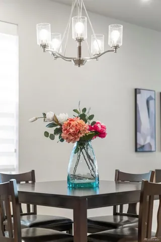 a view of a dining room with furniture