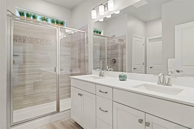 a bathroom with a shower sink and mirror