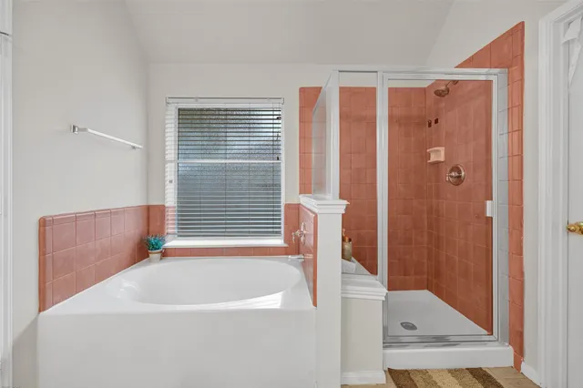 a bathroom with a bathtub and a shower